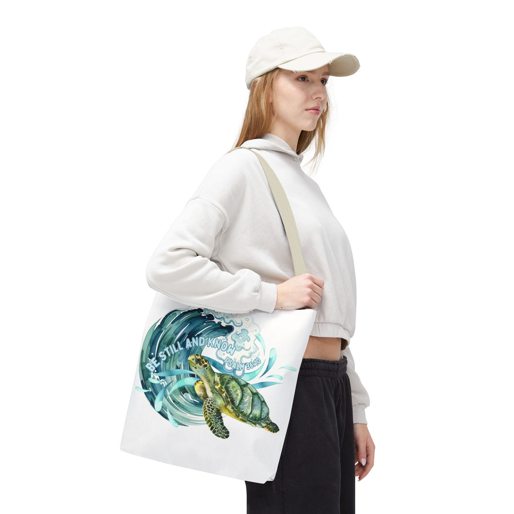 Sea Turtle Wave Tote Bag — "Be Still and Know" Ocean Eco Shopper