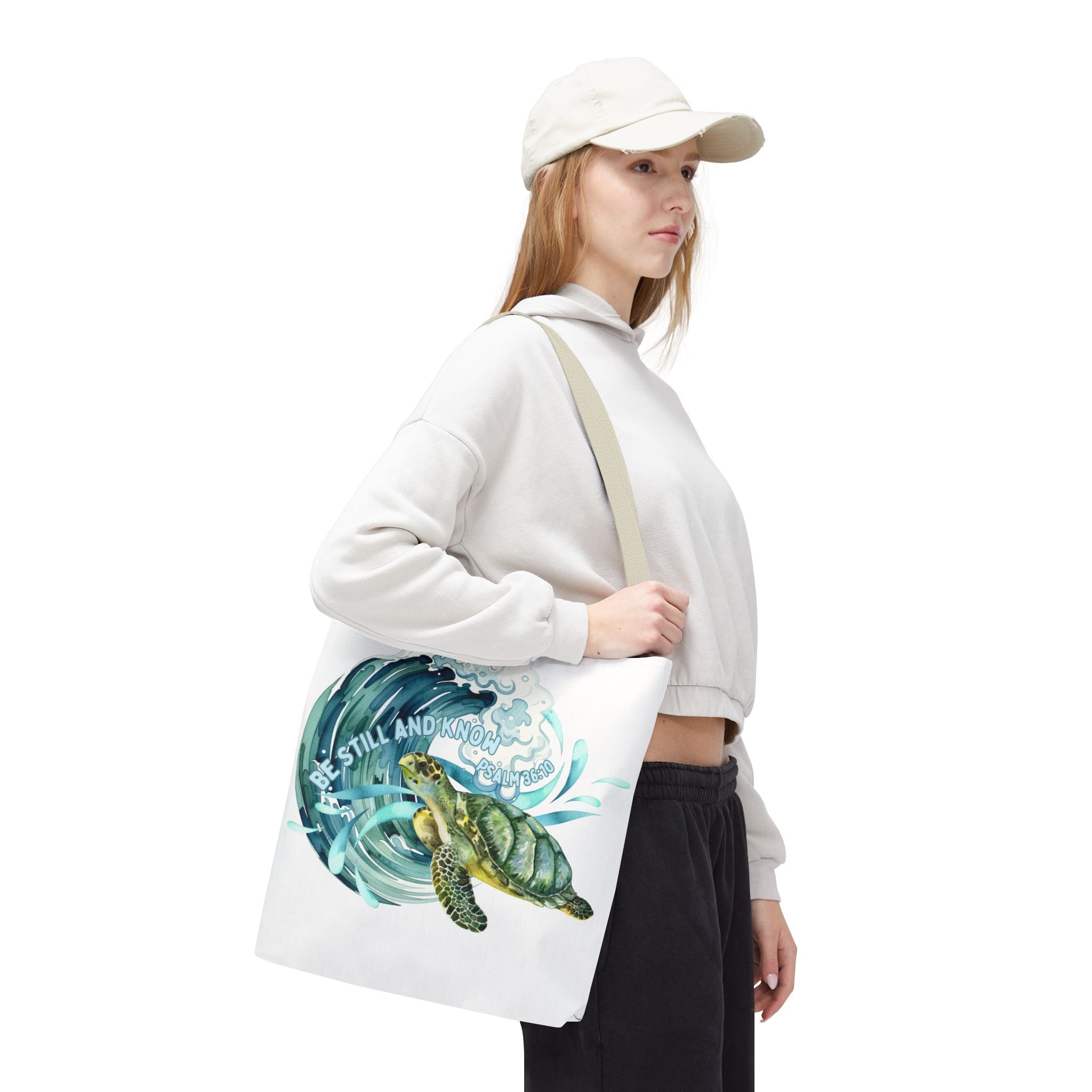 Sea Turtle Wave Tote Bag — "Be Still and Know" Ocean Eco Shopper