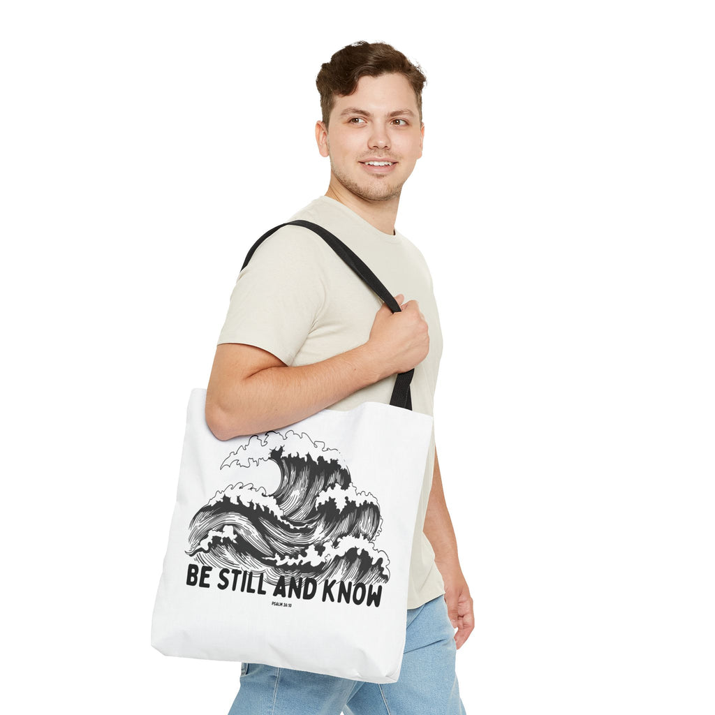 Be Still and Know Wave Tote Bag — Inspirational Psalm 36:10 Canvas Tote