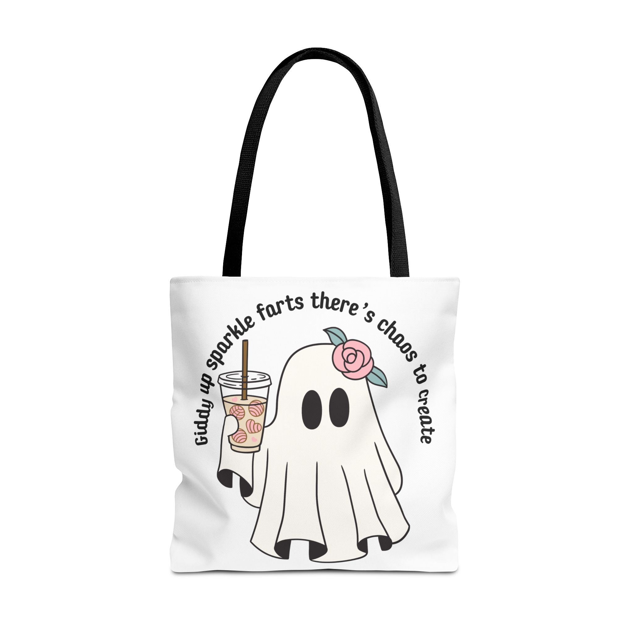Cute Ghost Tote Bag - "Giddy up sparkle farts there’s chaos to create" Ghost with Boba Tea Tote