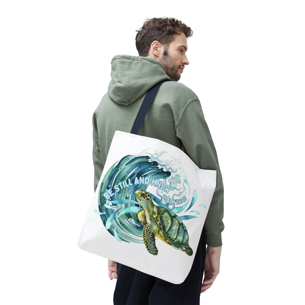 Sea Turtle Wave Tote Bag — "Be Still and Know" Ocean Eco Shopper