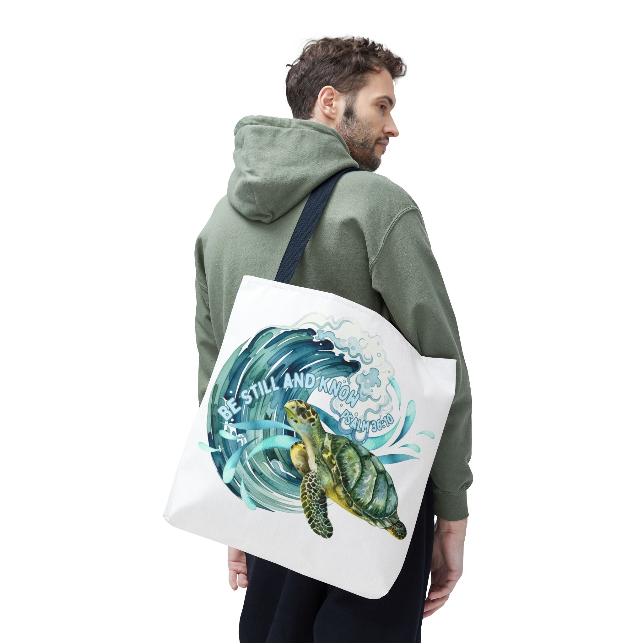 Sea Turtle Wave Tote Bag — "Be Still and Know" Ocean Eco Shopper