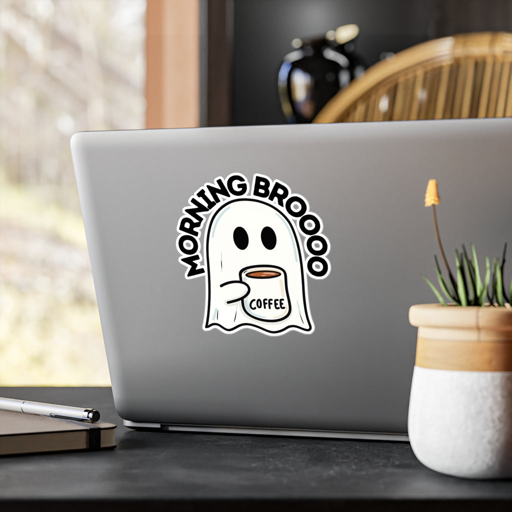 Morning Broooo Ghost Coffee Sticker — Kiss-Cut Vinyl Decal