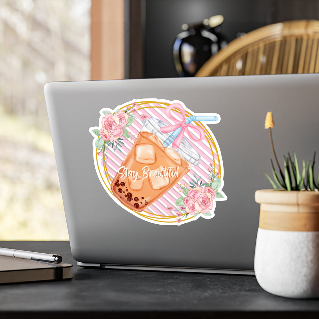 Boba Bubble Tea Vinyl Sticker – “Stay Beautiful” Floral Kiss-Cut Decal