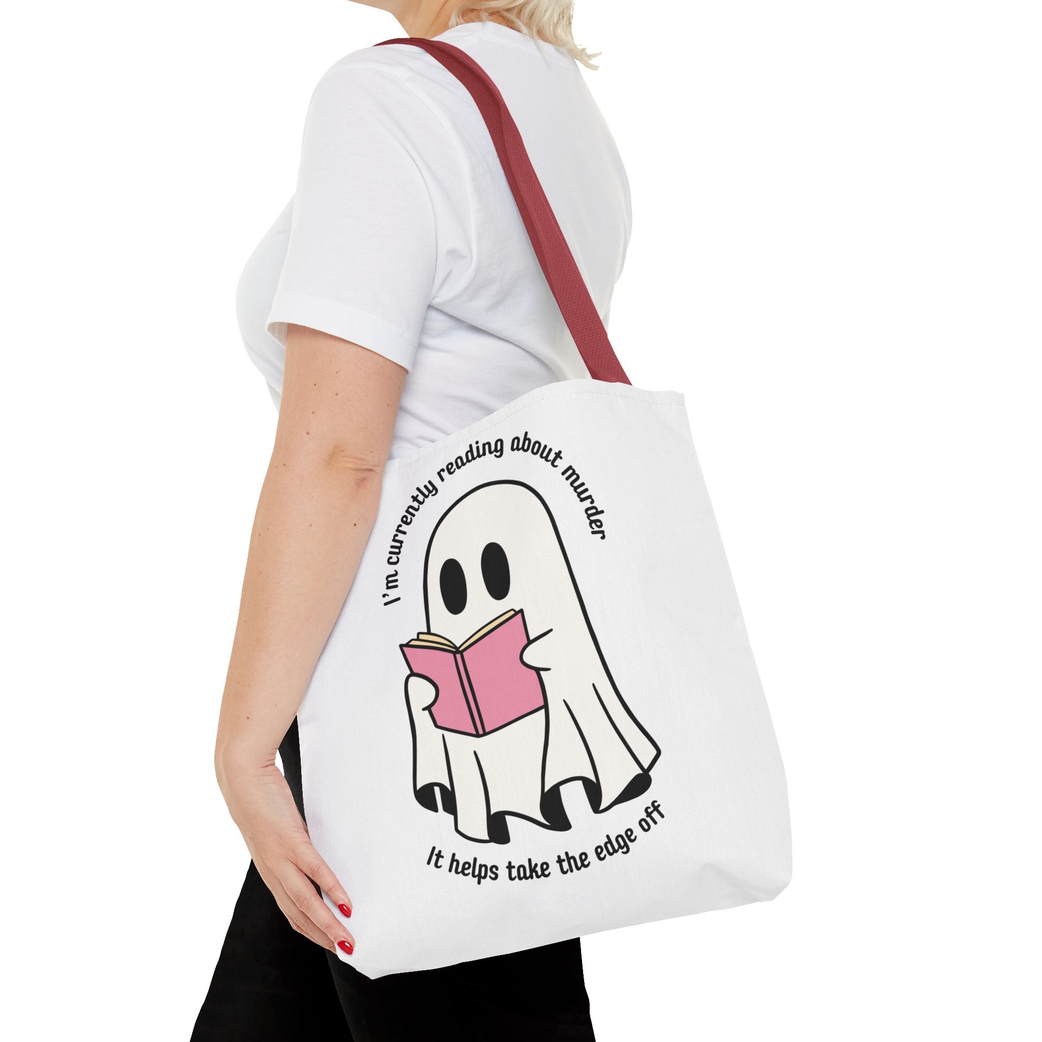 Ghost Reading Tote Bag — Cute Ghost with Book "I'm currently reading about murder, it helps take the edge off"