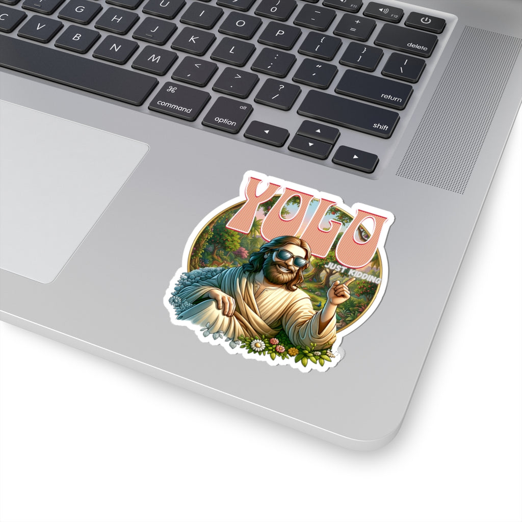 YOLO Just Kidding Sticker — Retro Jesus Kiss-Cut Vinyl Sticker