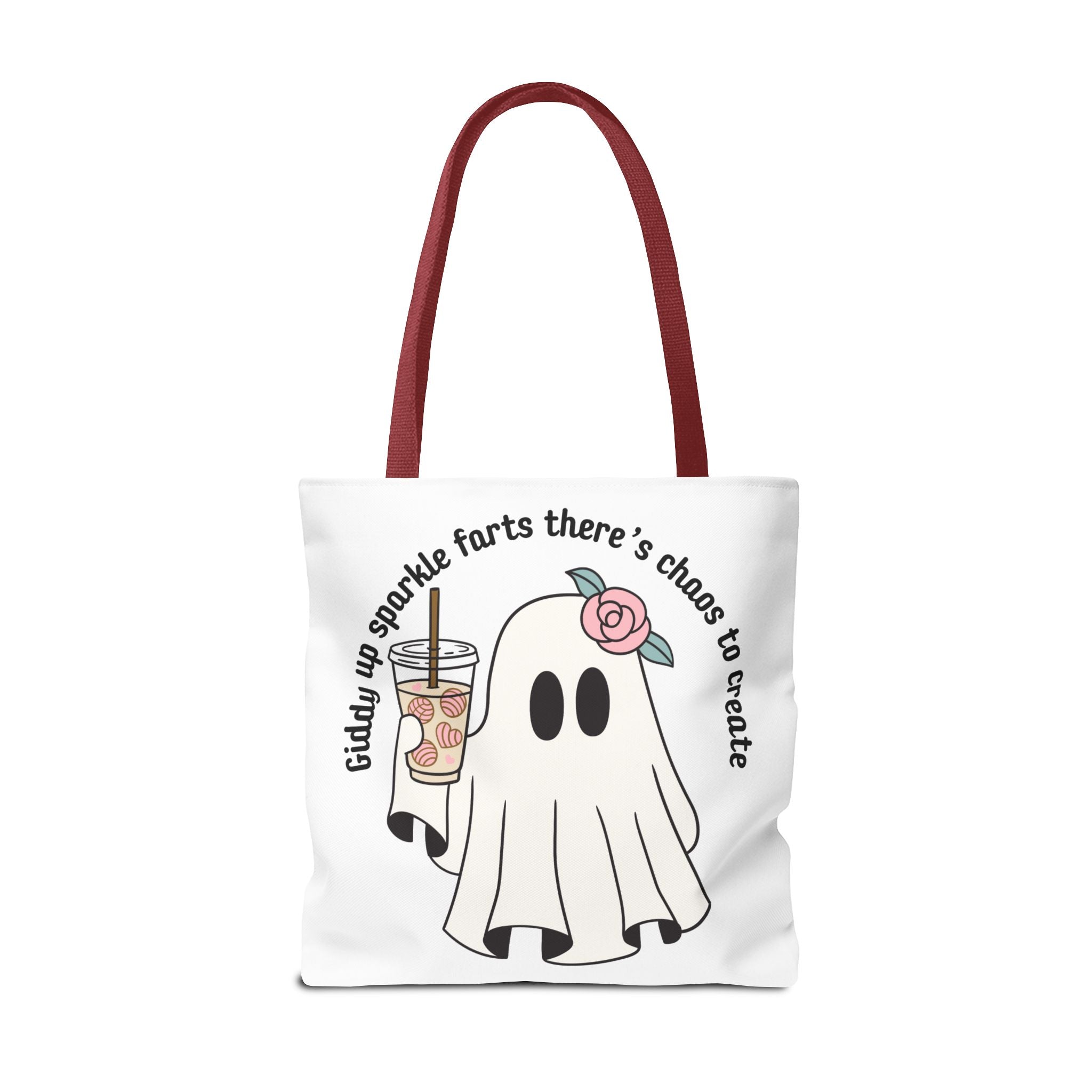 Cute Ghost Tote Bag - "Giddy up sparkle farts there’s chaos to create" Ghost with Boba Tea Tote