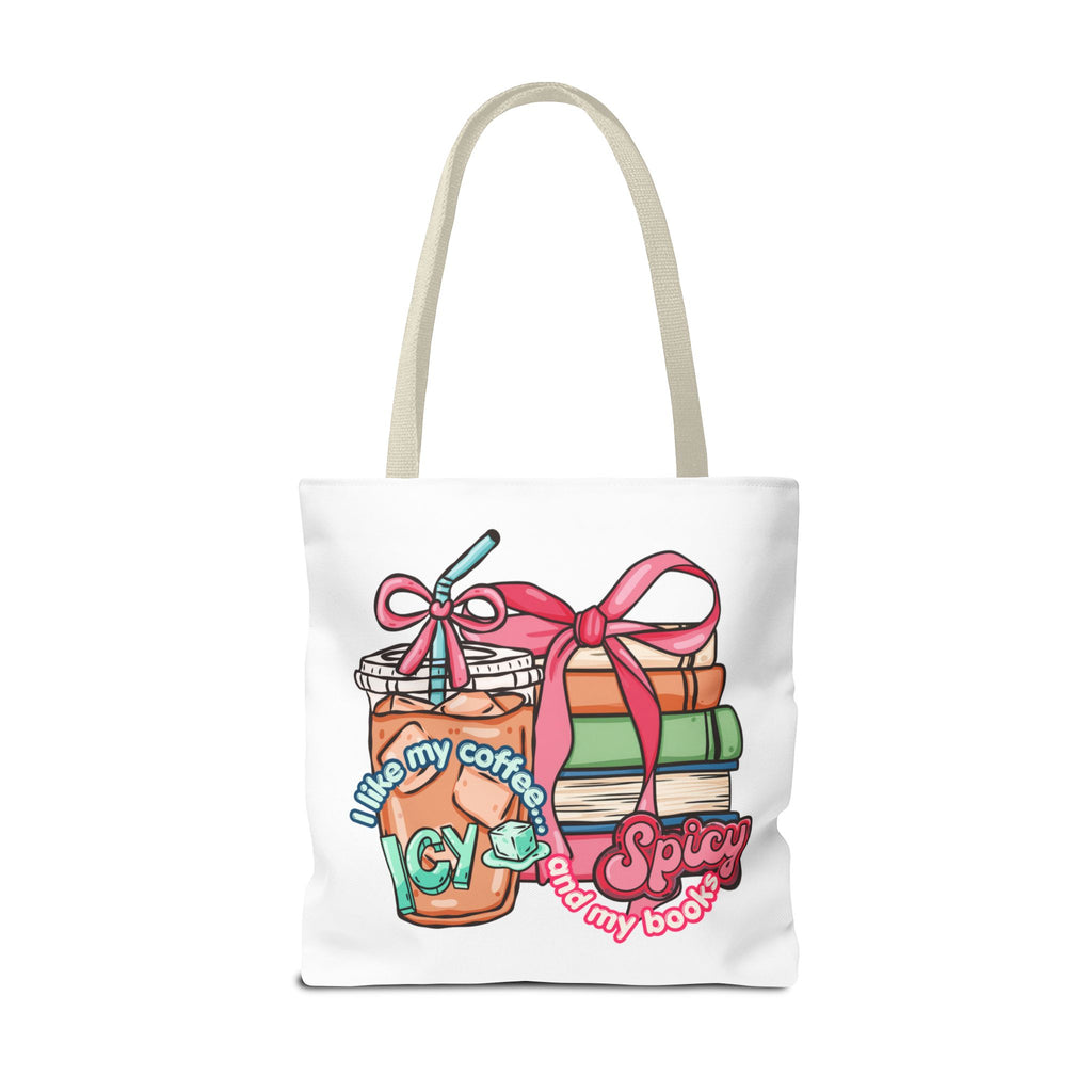 Book Lover Tote Bag — “I like my coffee icy and my books spicy” Illustrated Bookstack & Iced Coffee Design