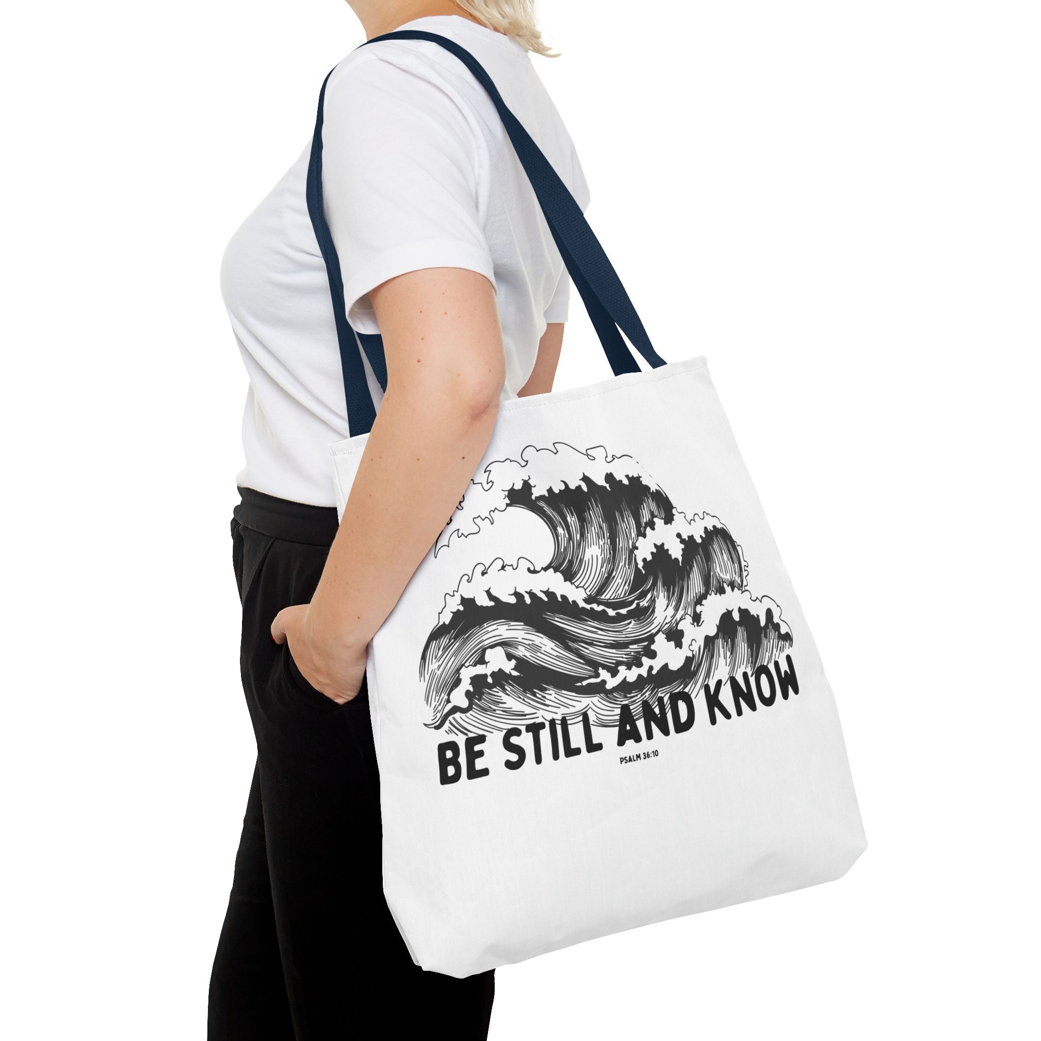 Be Still and Know Wave Tote Bag — Inspirational Psalm 36:10 Canvas Tote