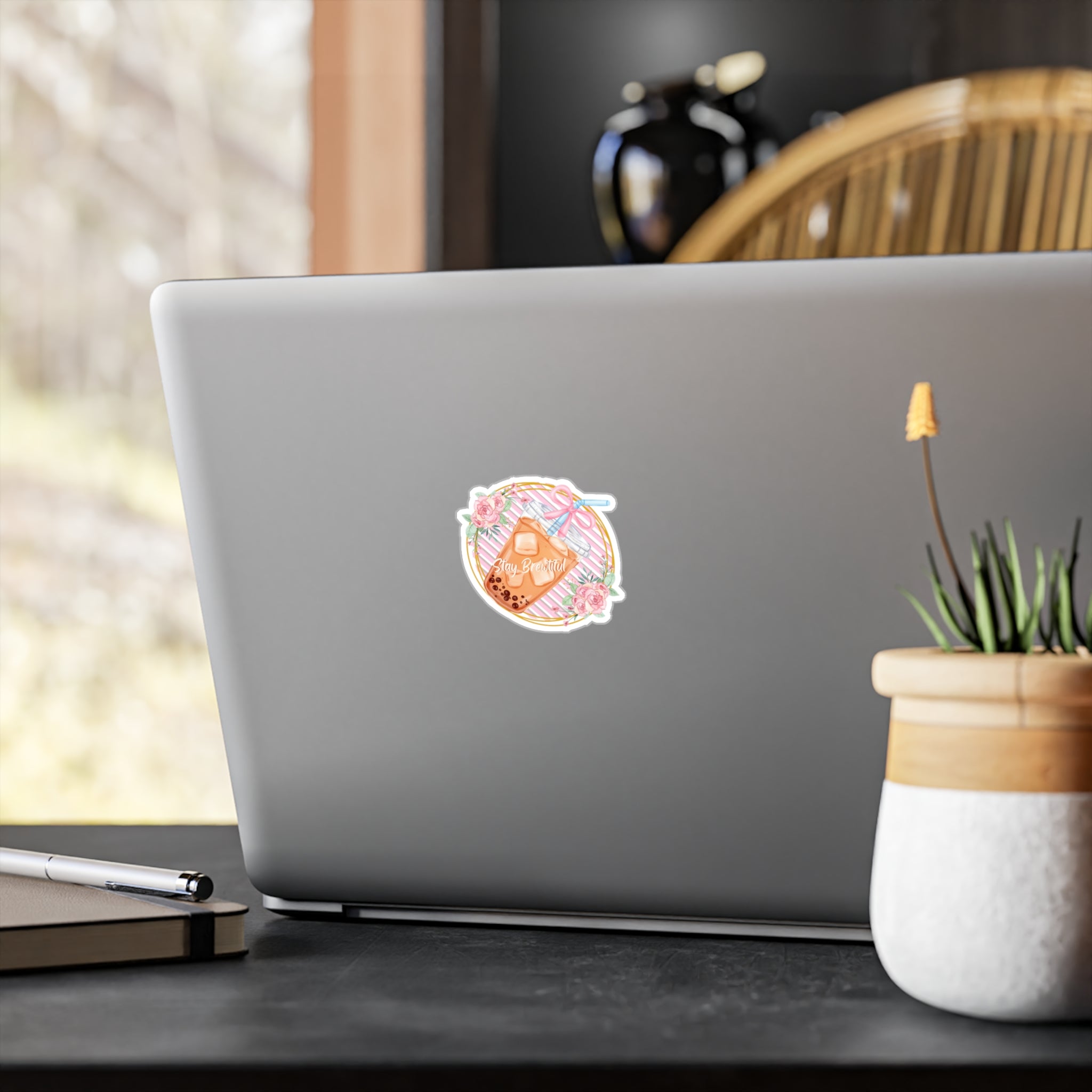 Boba Bubble Tea Vinyl Sticker – “Stay Beautiful” Floral Kiss-Cut Decal