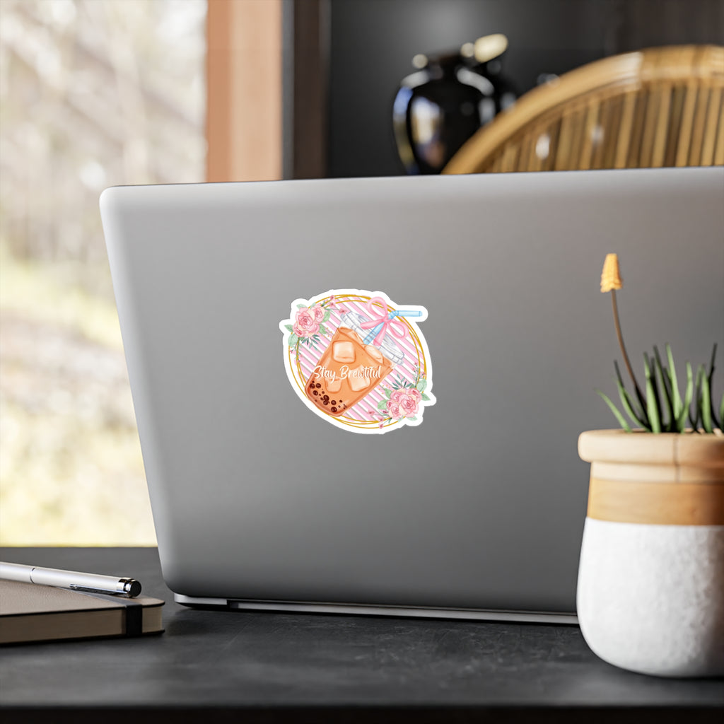 Boba Bubble Tea Vinyl Sticker – “Stay Beautiful” Floral Kiss-Cut Decal