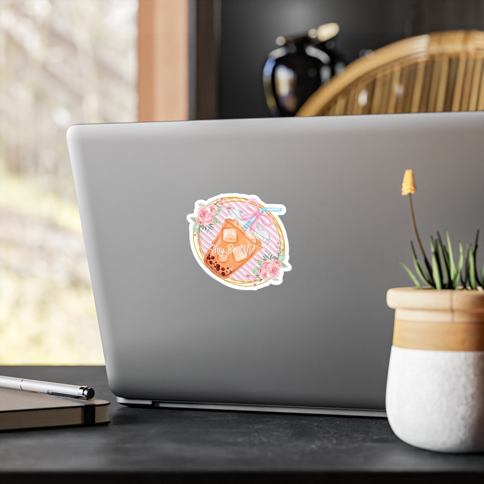 Boba Bubble Tea Vinyl Sticker – “Stay Beautiful” Floral Kiss-Cut Decal