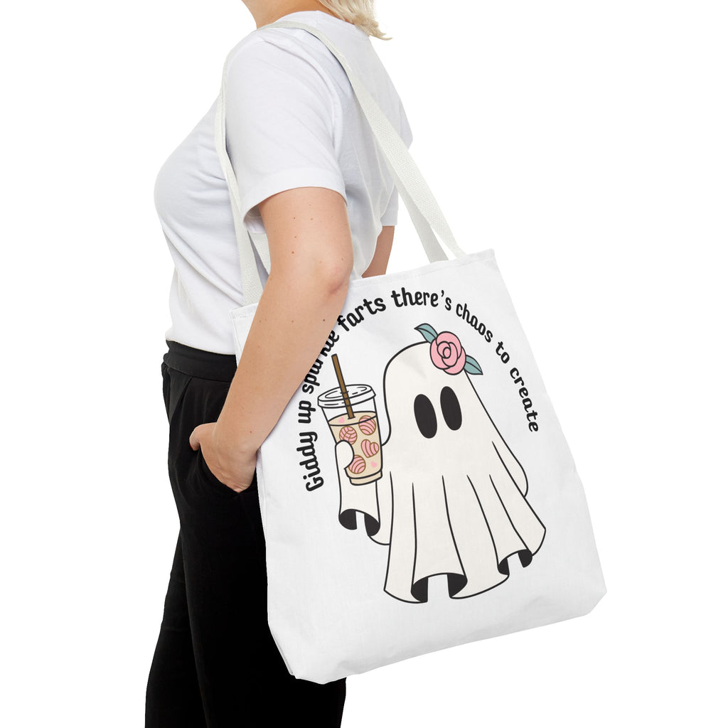 Cute Ghost Tote Bag - "Giddy up sparkle farts there’s chaos to create" Ghost with Boba Tea Tote