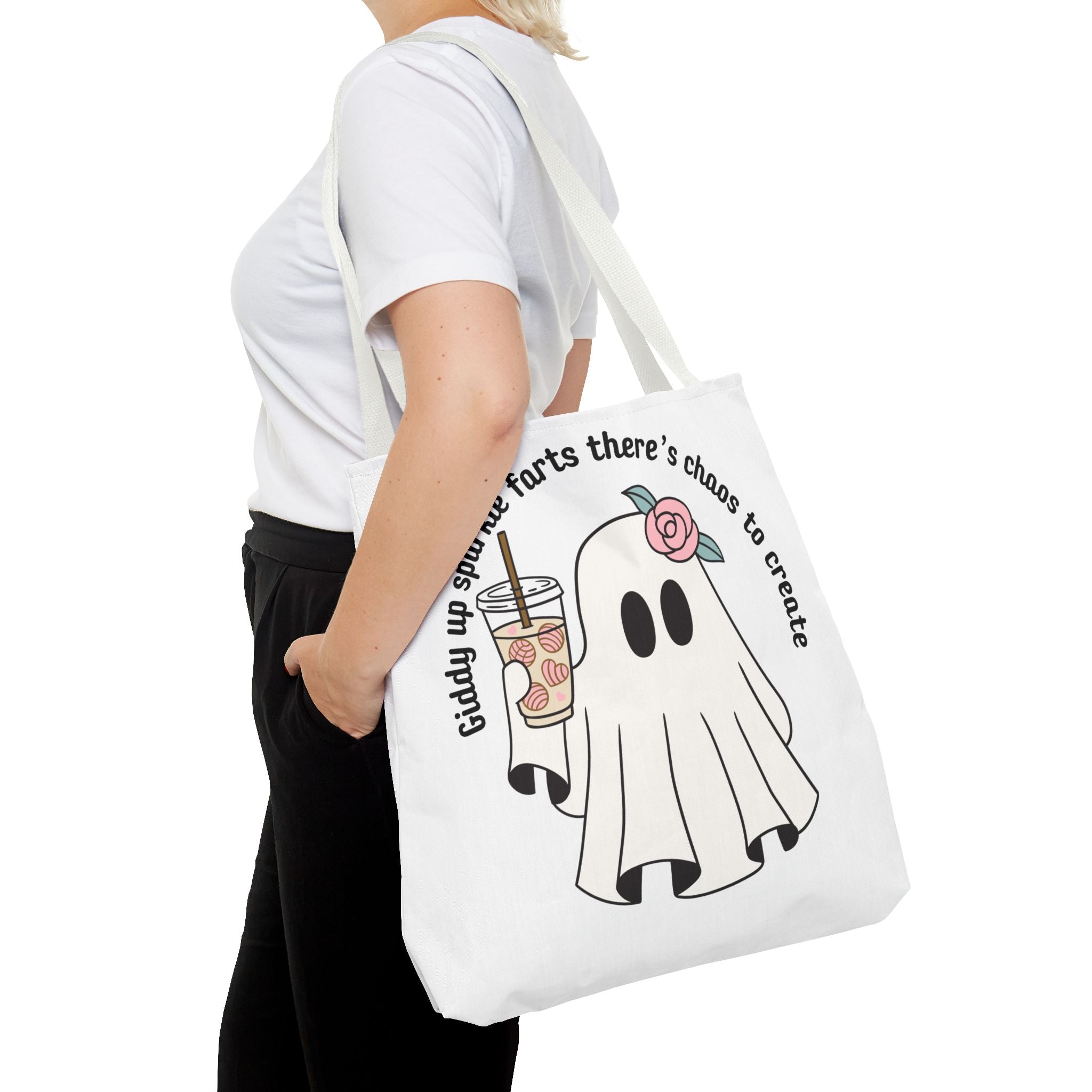 Cute Ghost Tote Bag - "Giddy up sparkle farts there’s chaos to create" Ghost with Boba Tea Tote