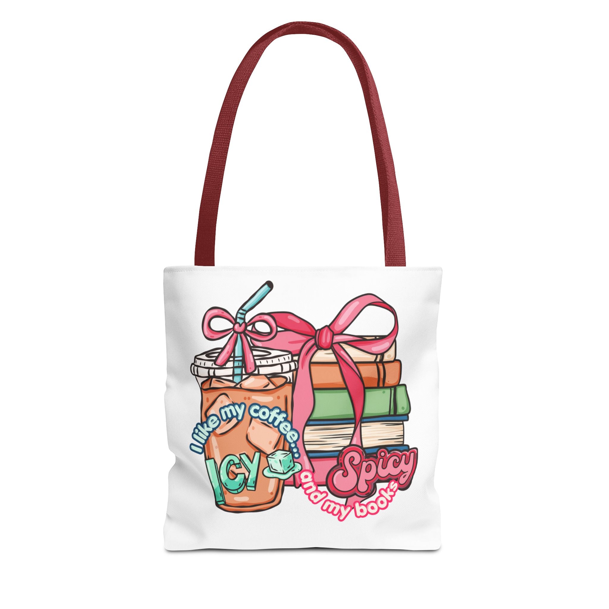 Book Lover Tote Bag — “I like my coffee icy and my books spicy” Illustrated Bookstack & Iced Coffee Design