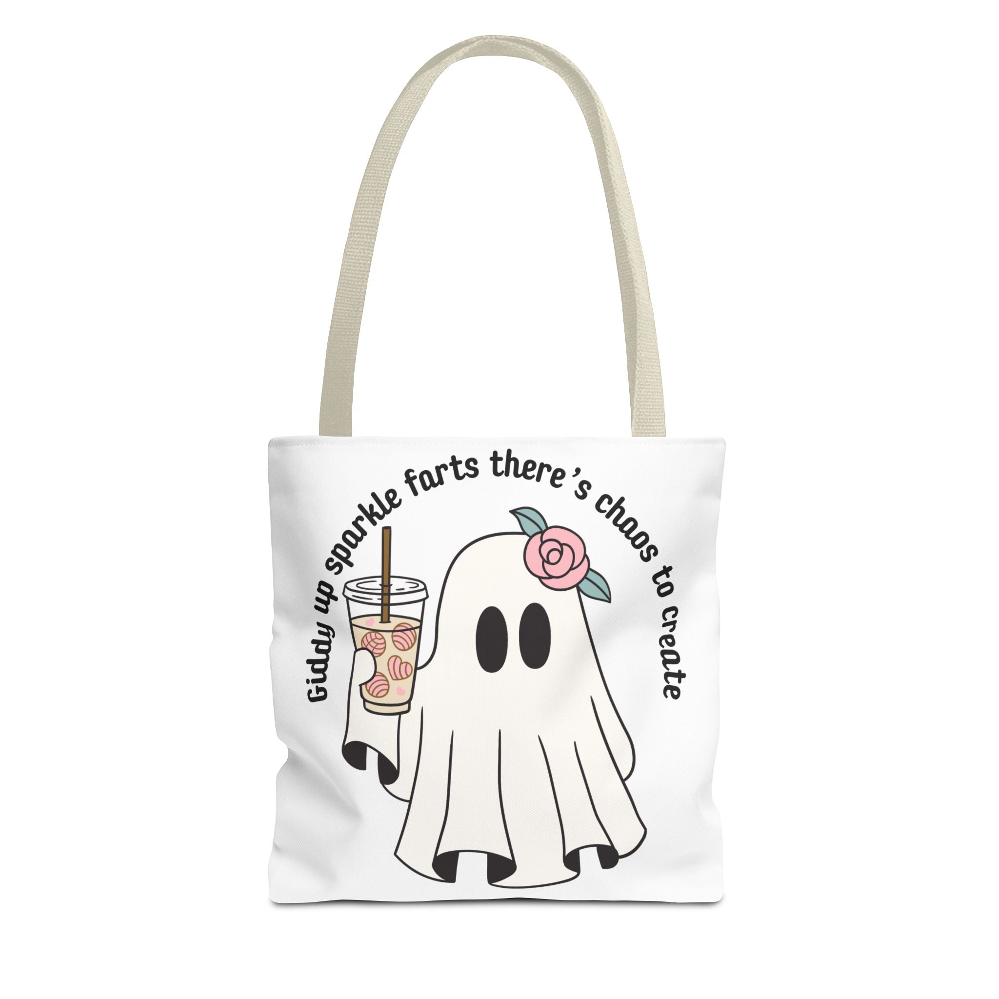 Cute Ghost Tote Bag - "Giddy up sparkle farts there’s chaos to create" Ghost with Boba Tea Tote
