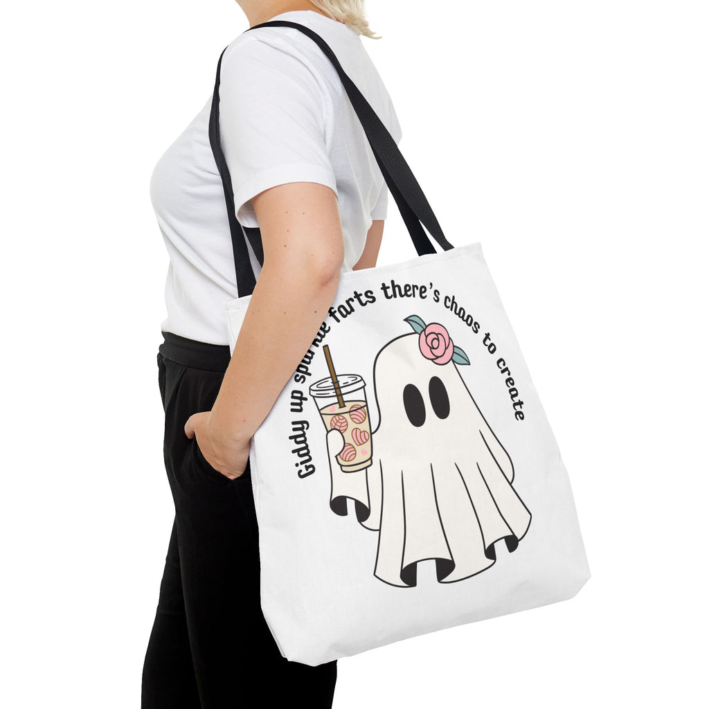 Cute Ghost Tote Bag - "Giddy up sparkle farts there’s chaos to create" Ghost with Boba Tea Tote