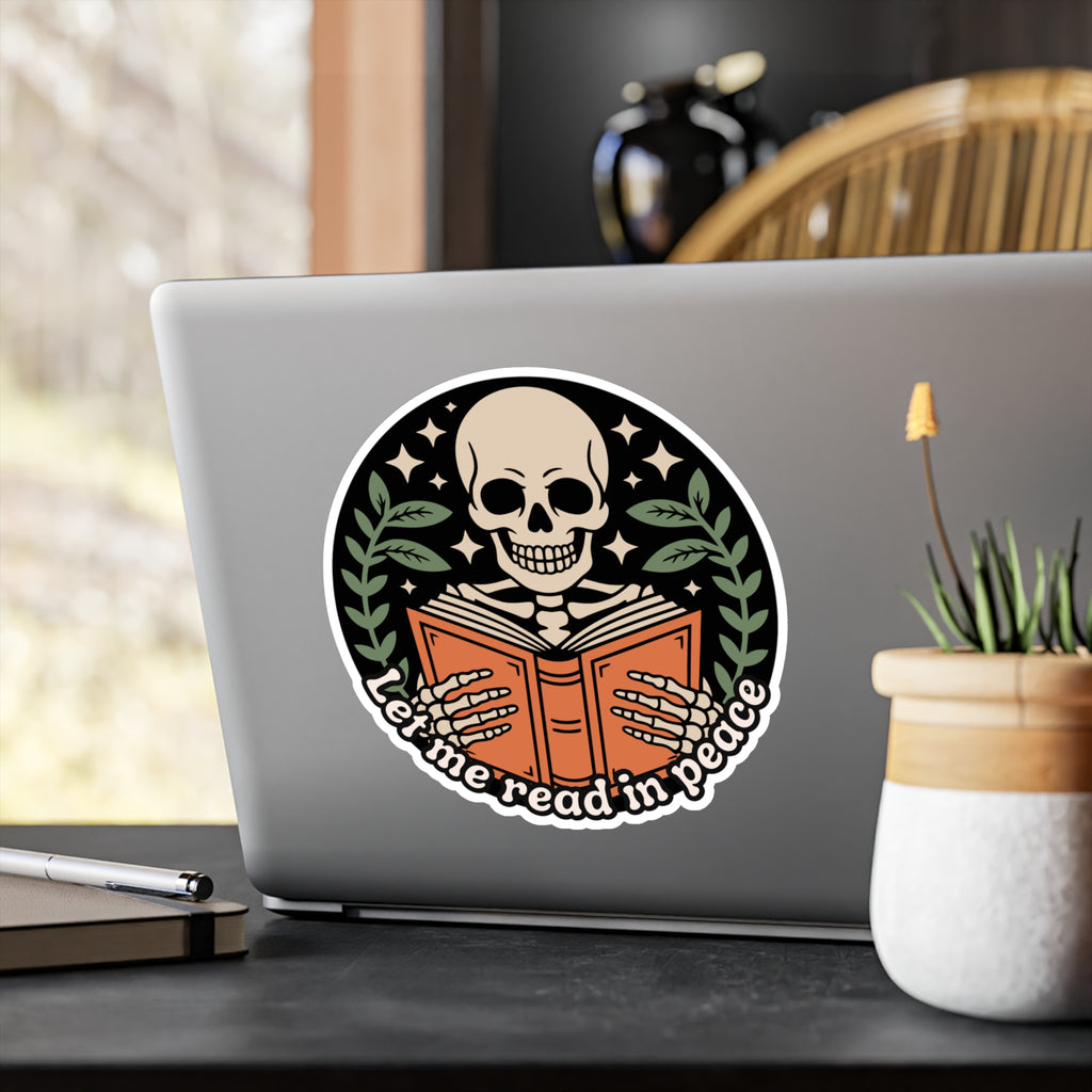 Skeleton Reading Vinyl Sticker – “Let Me Read in Peace” Kiss-Cut Decal