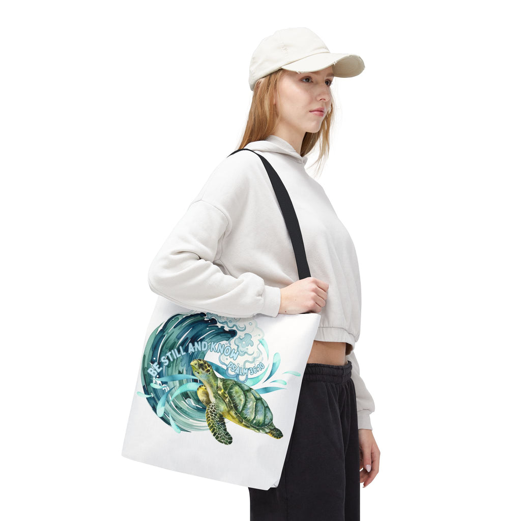 Sea Turtle Wave Tote Bag — "Be Still and Know" Ocean Eco Shopper
