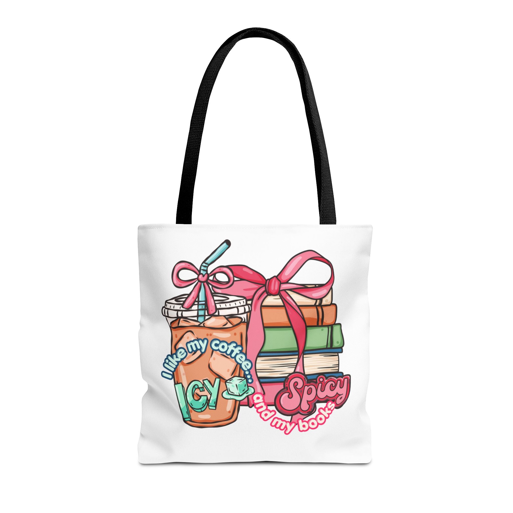 Book Lover Tote Bag — “I like my coffee icy and my books spicy” Illustrated Bookstack & Iced Coffee Design