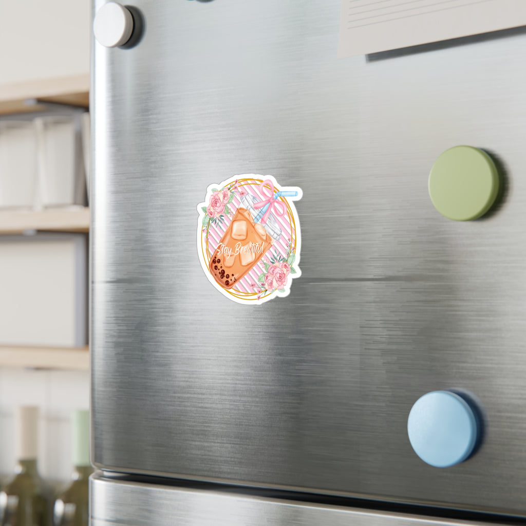 Boba Bubble Tea Vinyl Sticker – “Stay Beautiful” Floral Kiss-Cut Decal