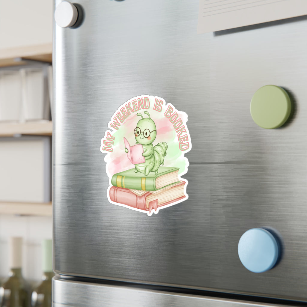 Bookworm Vinyl Sticker — "My Weekend Is Booked" Cute Reading Caterpillar Kiss-Cut Decal