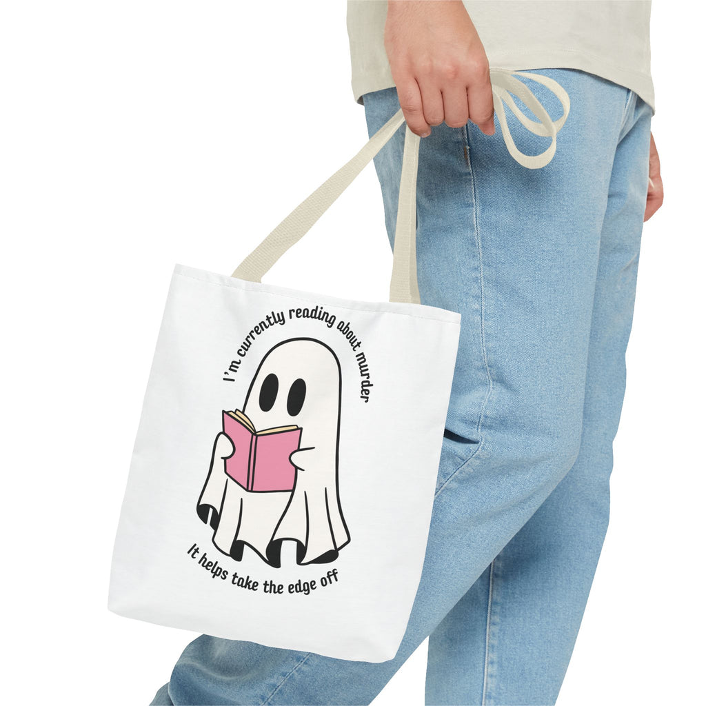 Ghost Reading Tote Bag — Cute Ghost with Book "I'm currently reading about murder, it helps take the edge off"