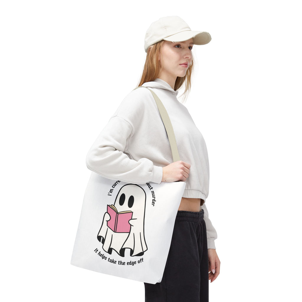 Ghost Reading Tote Bag — Cute Ghost with Book "I'm currently reading about murder, it helps take the edge off"