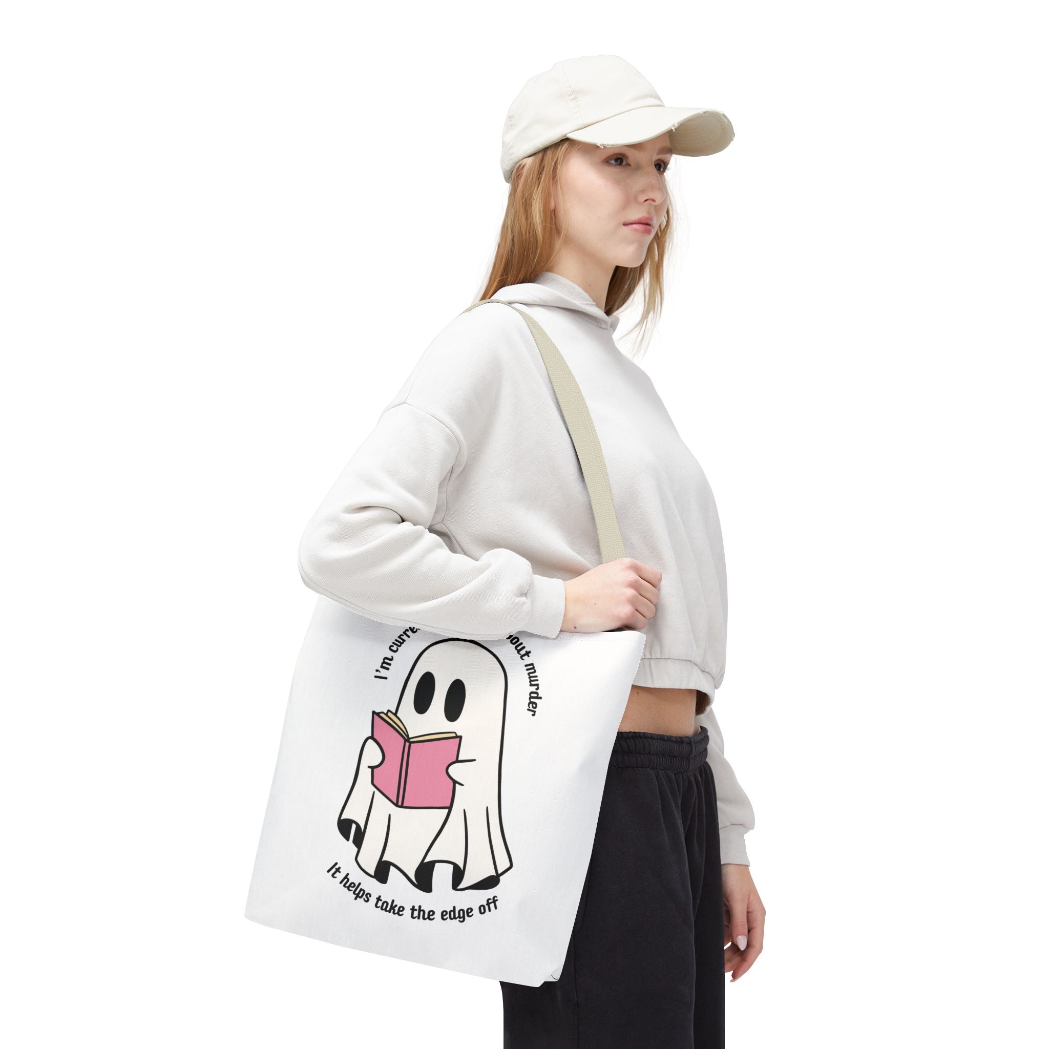 Ghost Reading Tote Bag — Cute Ghost with Book "I'm currently reading about murder, it helps take the edge off"