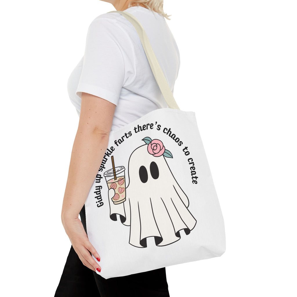 Cute Ghost Tote Bag - "Giddy up sparkle farts there’s chaos to create" Ghost with Boba Tea Tote