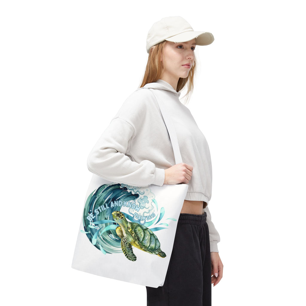 Sea Turtle Wave Tote Bag — "Be Still and Know" Ocean Eco Shopper