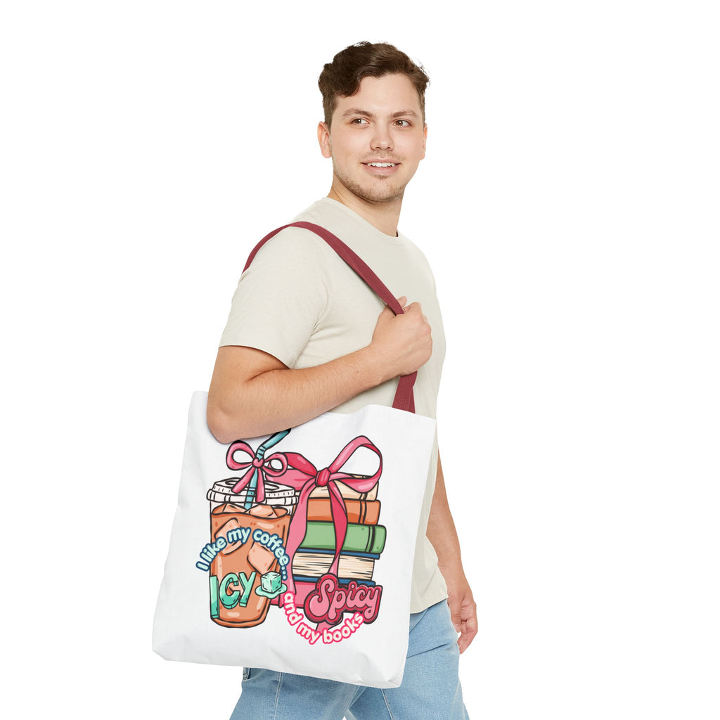 Book Lover Tote Bag — “I like my coffee icy and my books spicy” Illustrated Bookstack & Iced Coffee Design