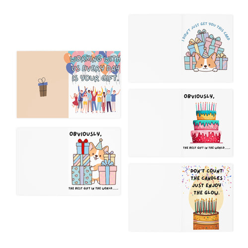 Birthday Greeting Card Set — 5-Pack Funny Corgi & Cake Designs (Workfriend, Candles, Gifts)
