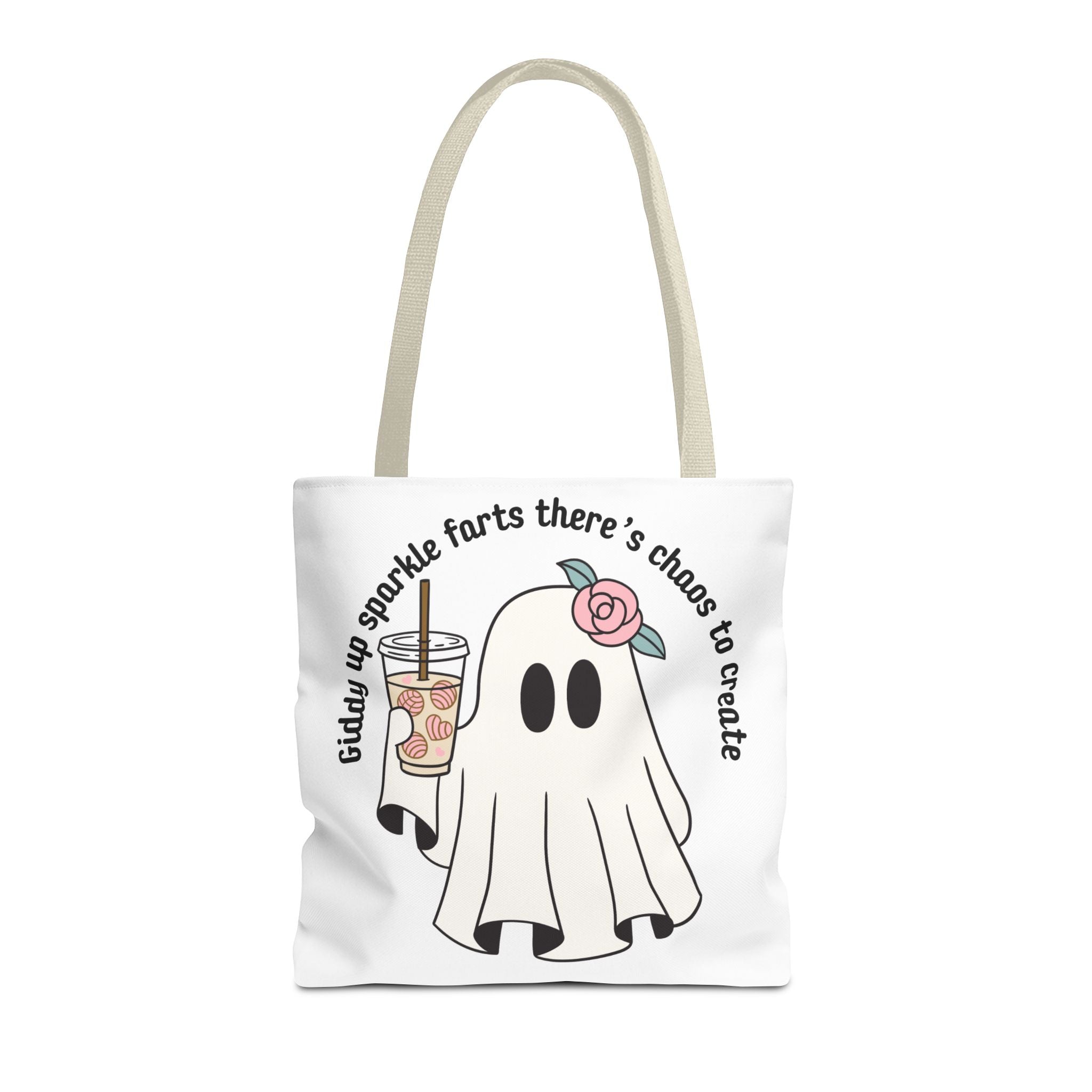 Cute Ghost Tote Bag - "Giddy up sparkle farts there’s chaos to create" Ghost with Boba Tea Tote