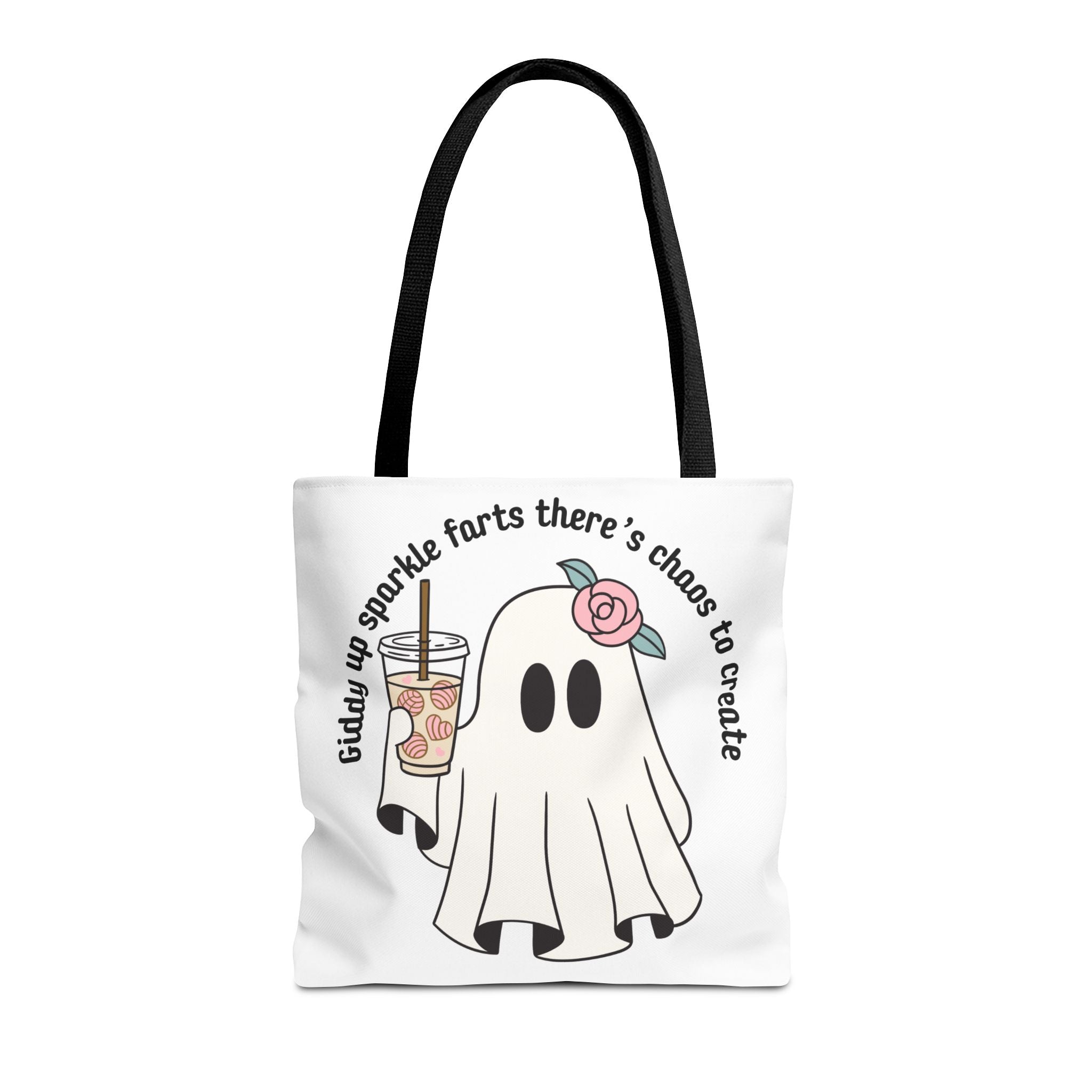Cute Ghost Tote Bag - "Giddy up sparkle farts there’s chaos to create" Ghost with Boba Tea Tote