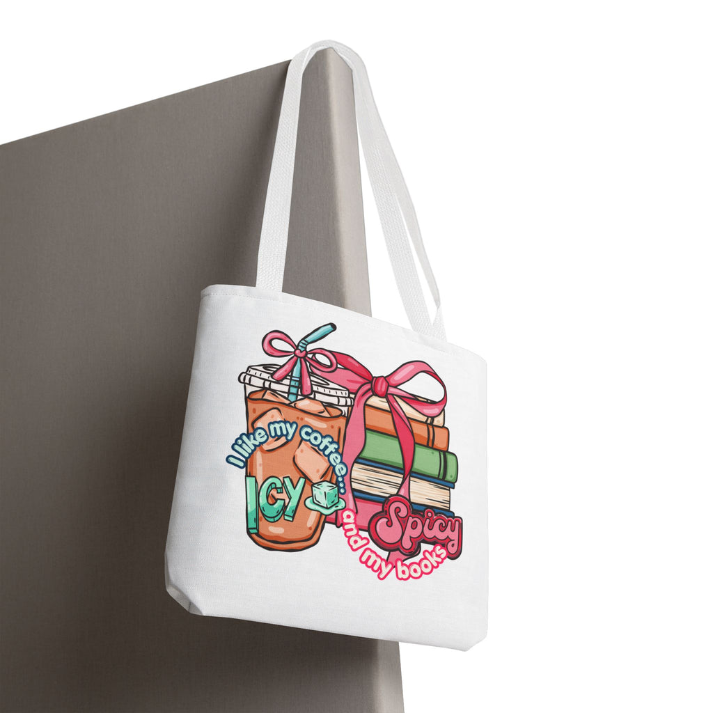 Book Lover Tote Bag — “I like my coffee icy and my books spicy” Illustrated Bookstack & Iced Coffee Design