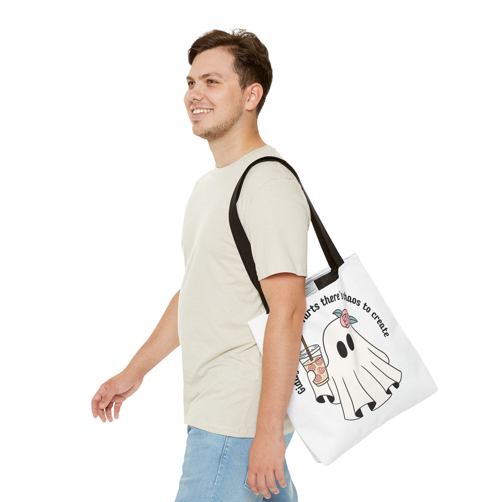 Cute Ghost Tote Bag - "Giddy up sparkle farts there’s chaos to create" Ghost with Boba Tea Tote