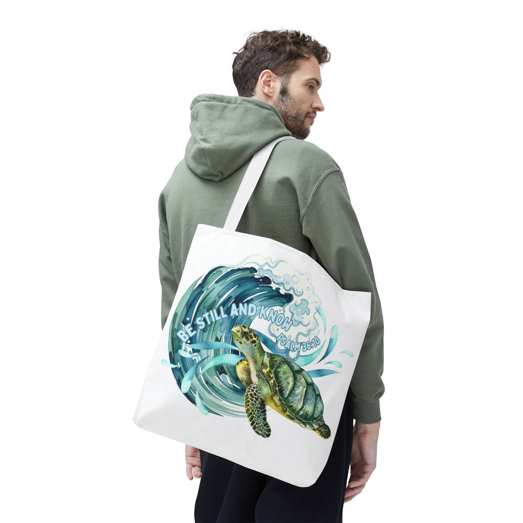 Sea Turtle Wave Tote Bag — "Be Still and Know" Ocean Eco Shopper