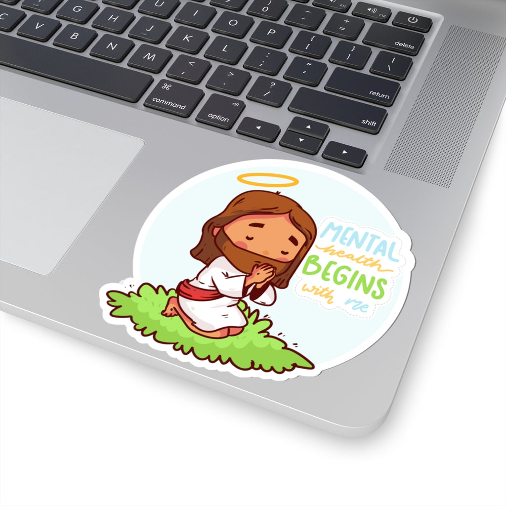 Sticker — "Mental Health Begins with Me" Praying Jesus Cute Faith Vinyl Sticker