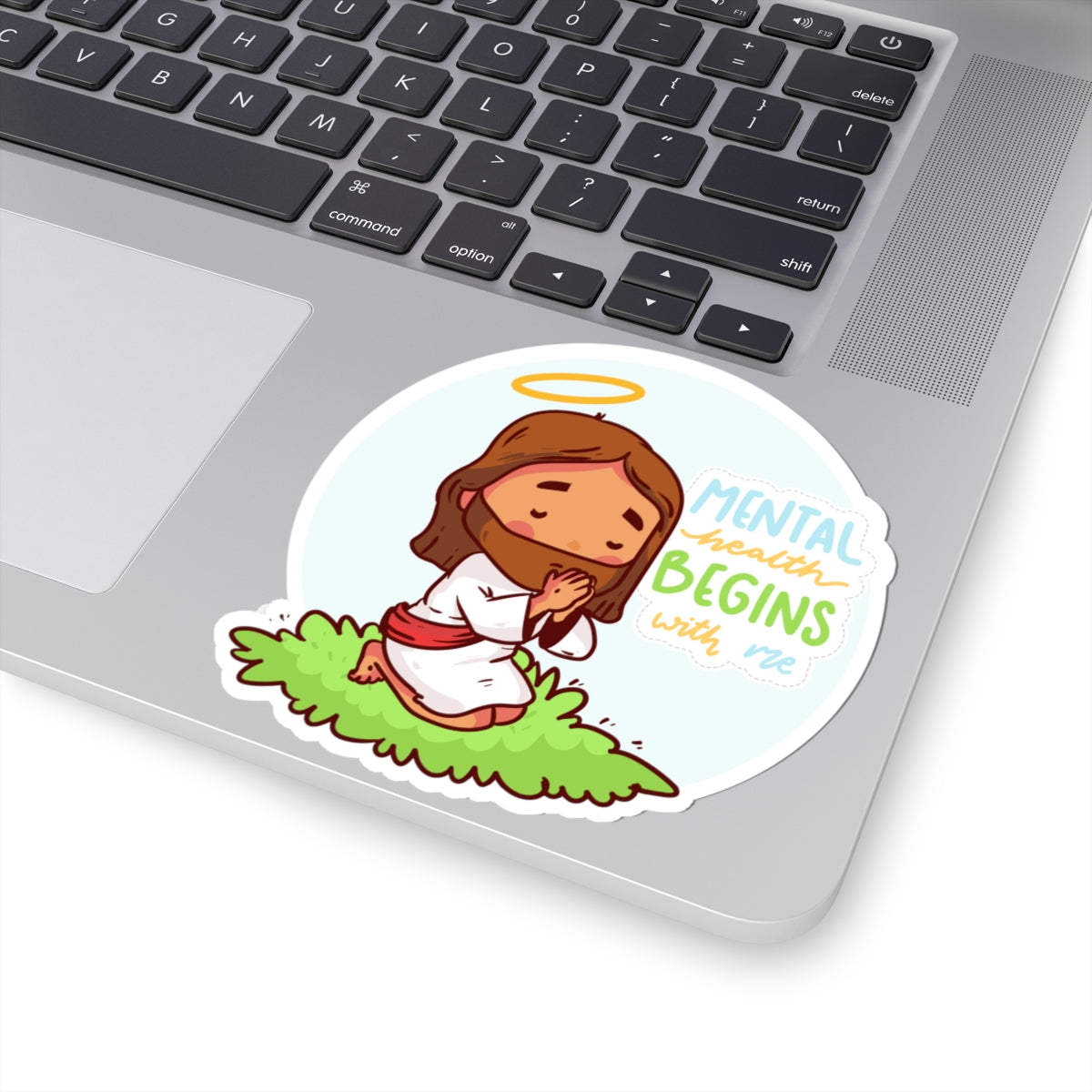 Sticker — "Mental Health Begins with Me" Praying Jesus Cute Faith Vinyl Sticker
