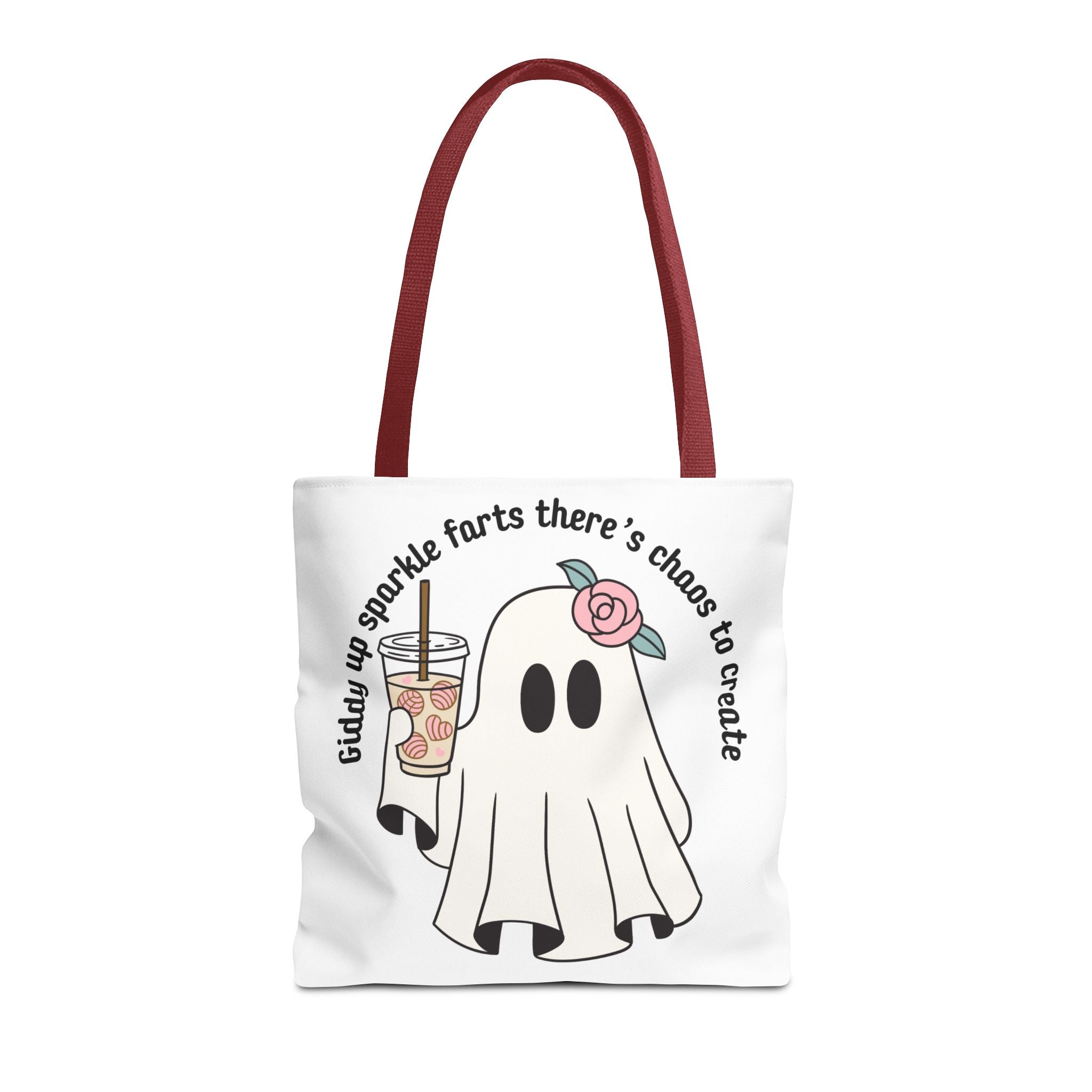 Cute Ghost Tote Bag - "Giddy up sparkle farts there’s chaos to create" Ghost with Boba Tea Tote