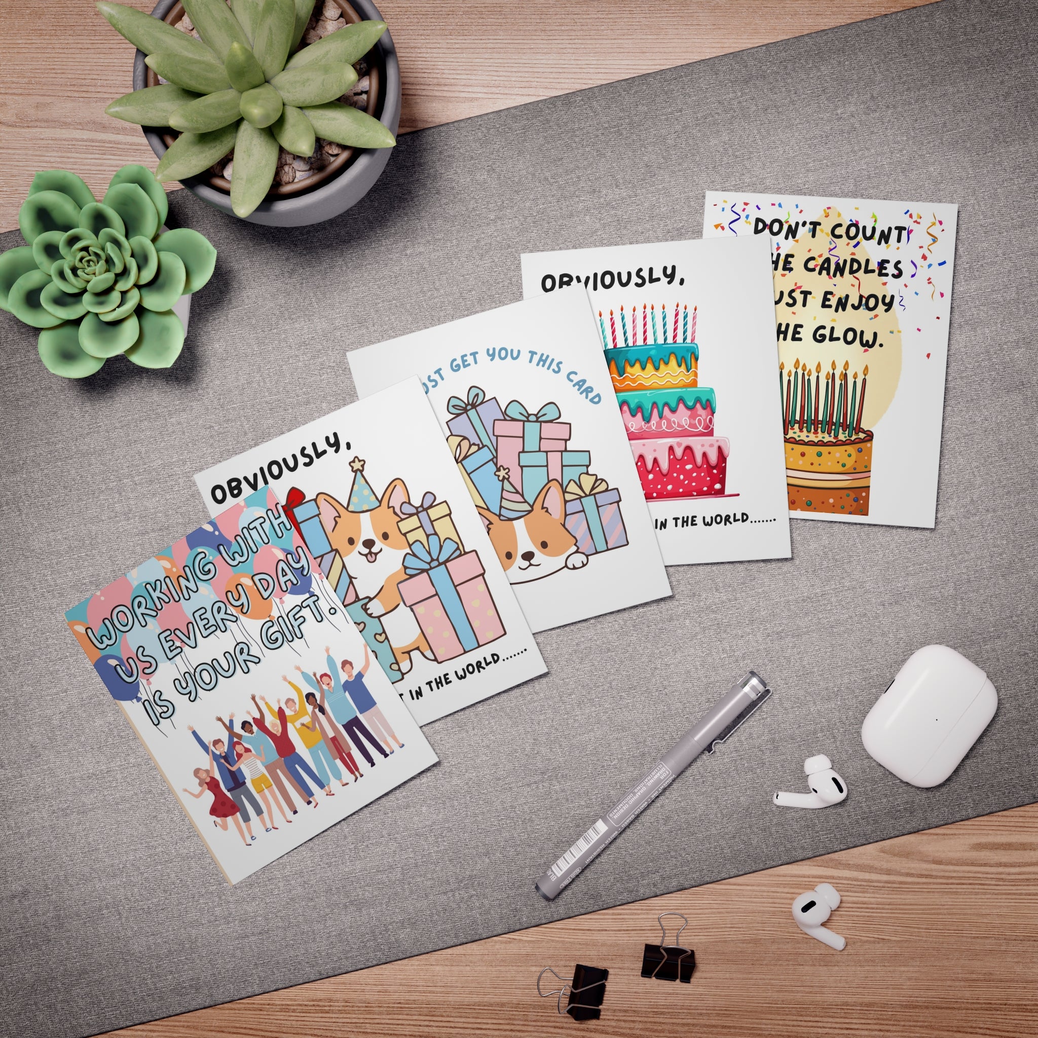 Birthday Greeting Card Set — 5-Pack Funny Corgi & Cake Designs (Workfriend, Candles, Gifts)