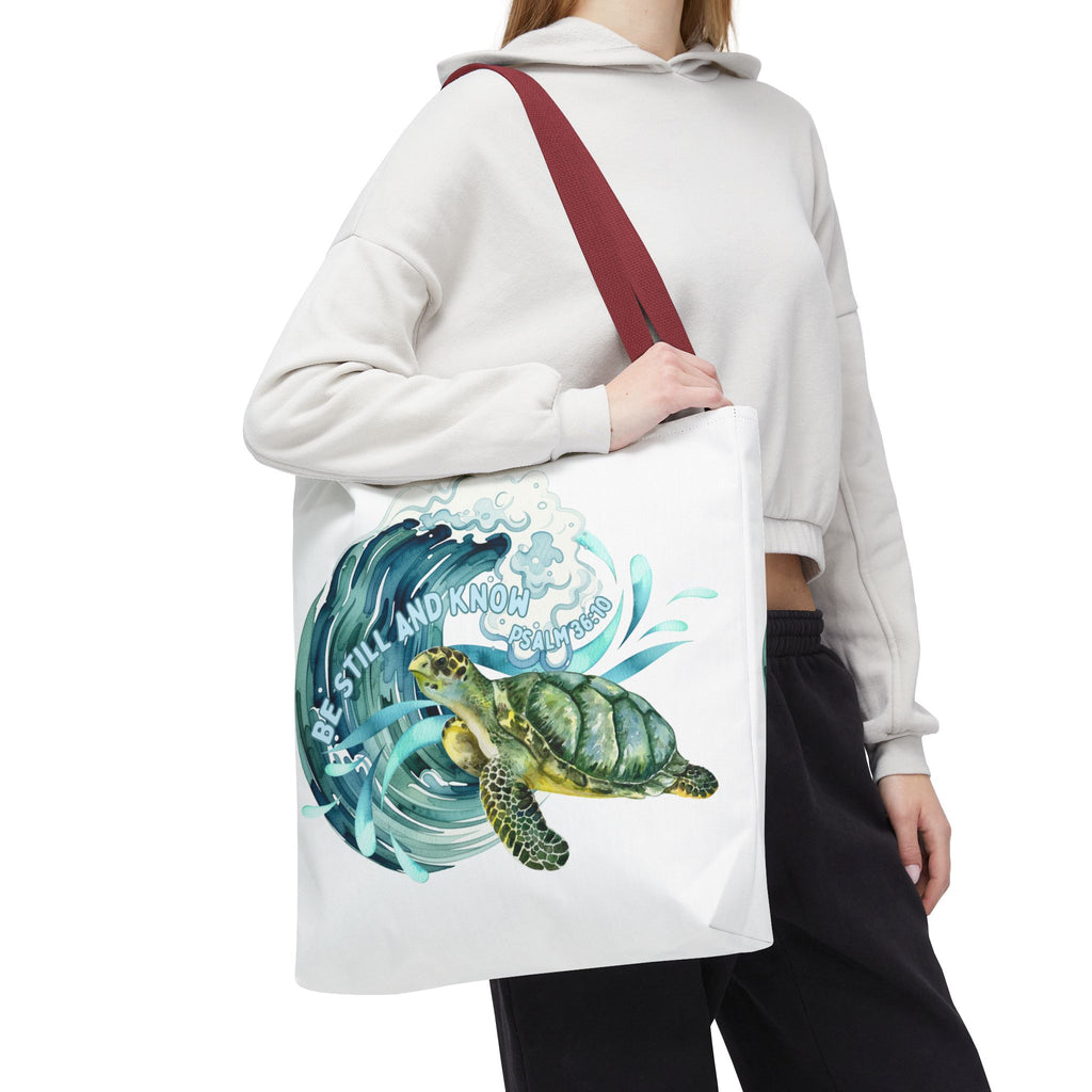 Sea Turtle Wave Tote Bag — "Be Still and Know" Ocean Eco Shopper