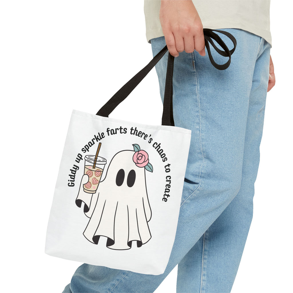 Cute Ghost Tote Bag - "Giddy up sparkle farts there’s chaos to create" Ghost with Boba Tea Tote