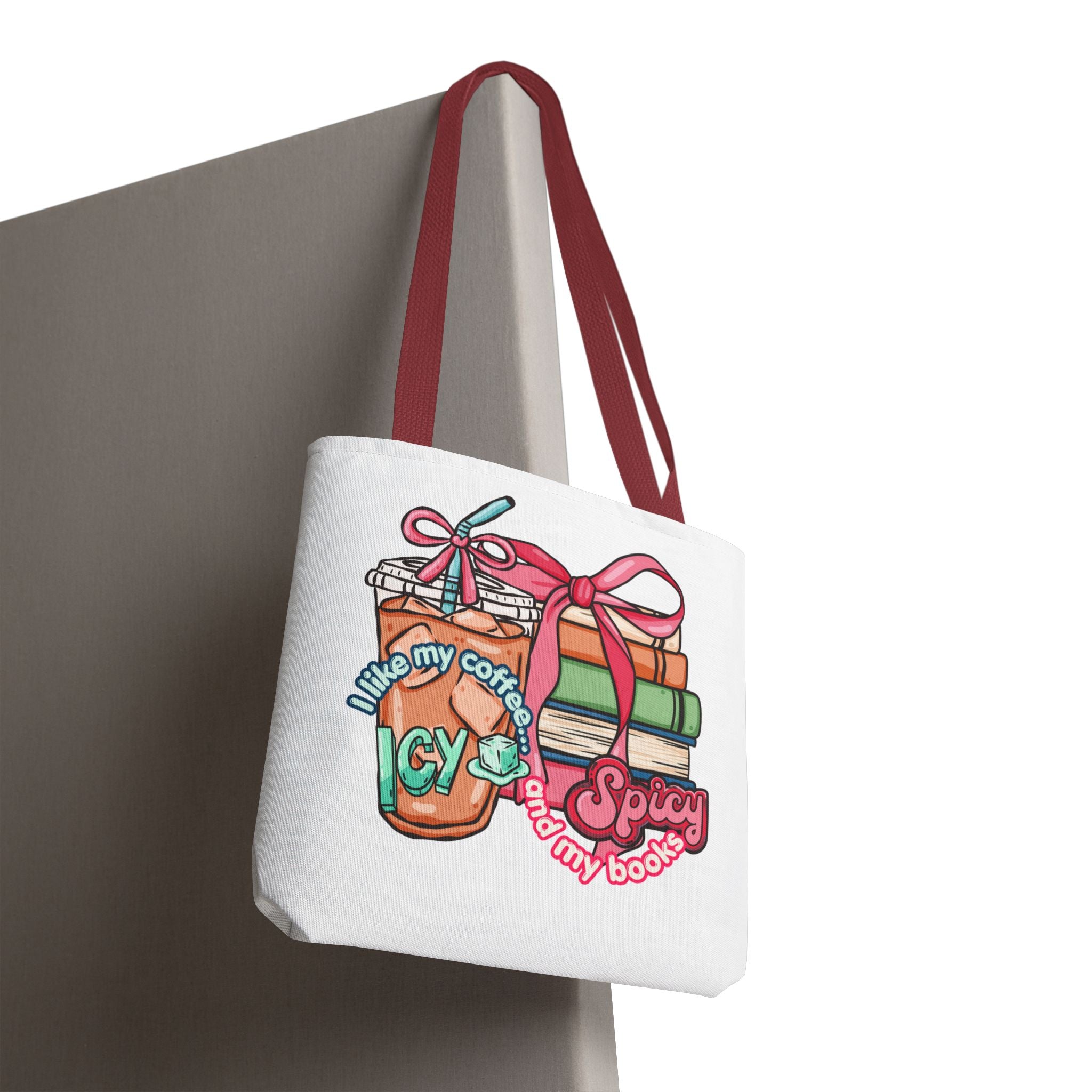 Book Lover Tote Bag — “I like my coffee icy and my books spicy” Illustrated Bookstack & Iced Coffee Design