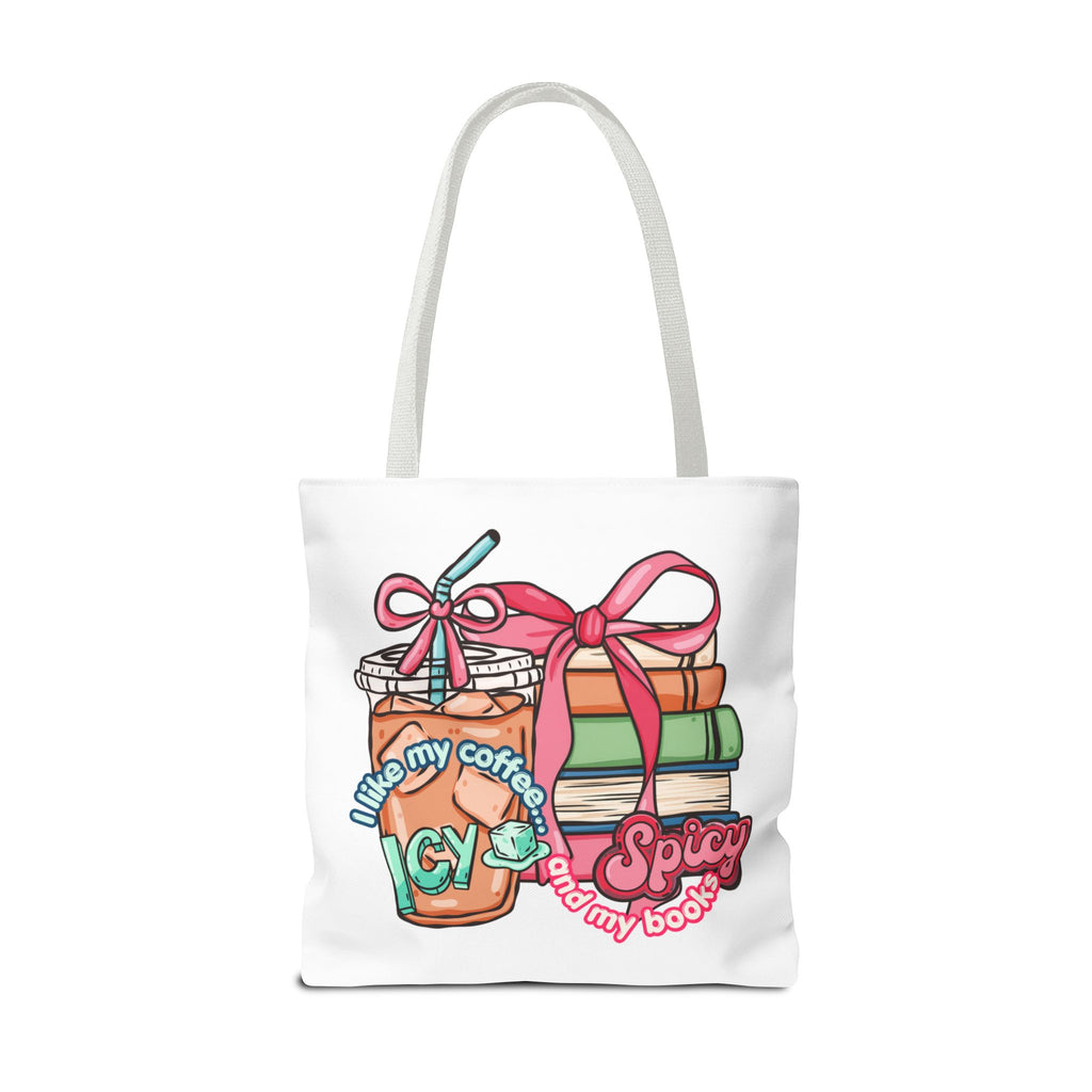 Book Lover Tote Bag — “I like my coffee icy and my books spicy” Illustrated Bookstack & Iced Coffee Design