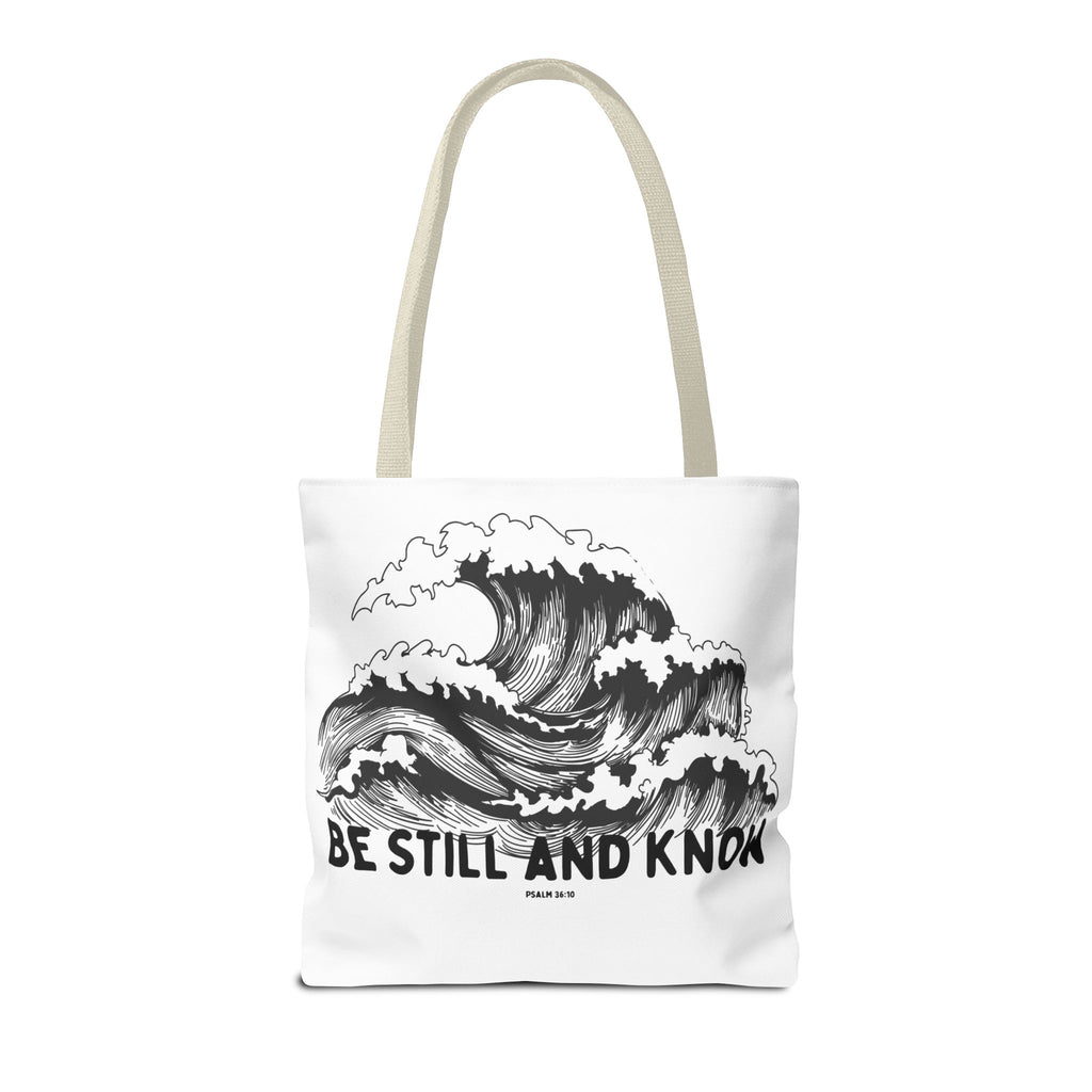 Be Still and Know Wave Tote Bag — Inspirational Psalm 36:10 Canvas Tote