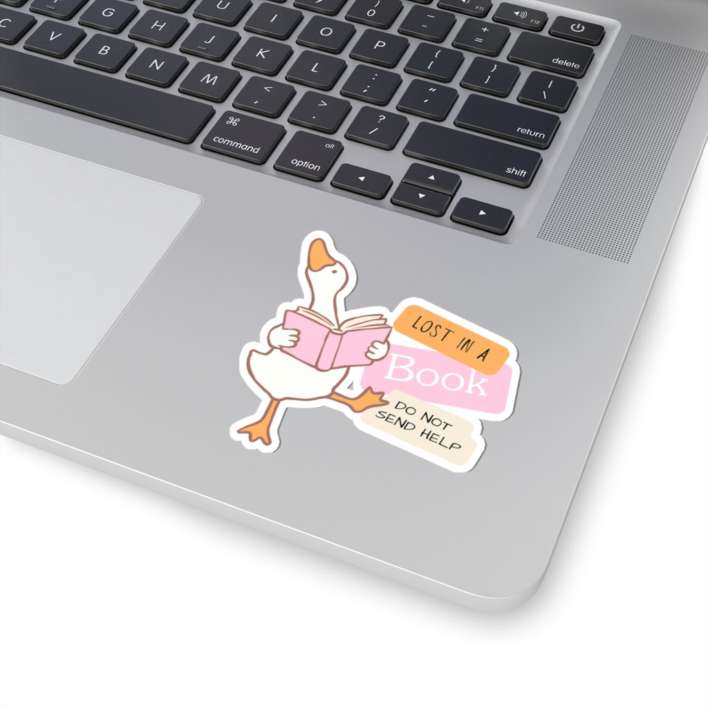 Book-Lover Goose Sticker — "Lost in a Book, Do Not Send Help" Kiss-Cut Sticker