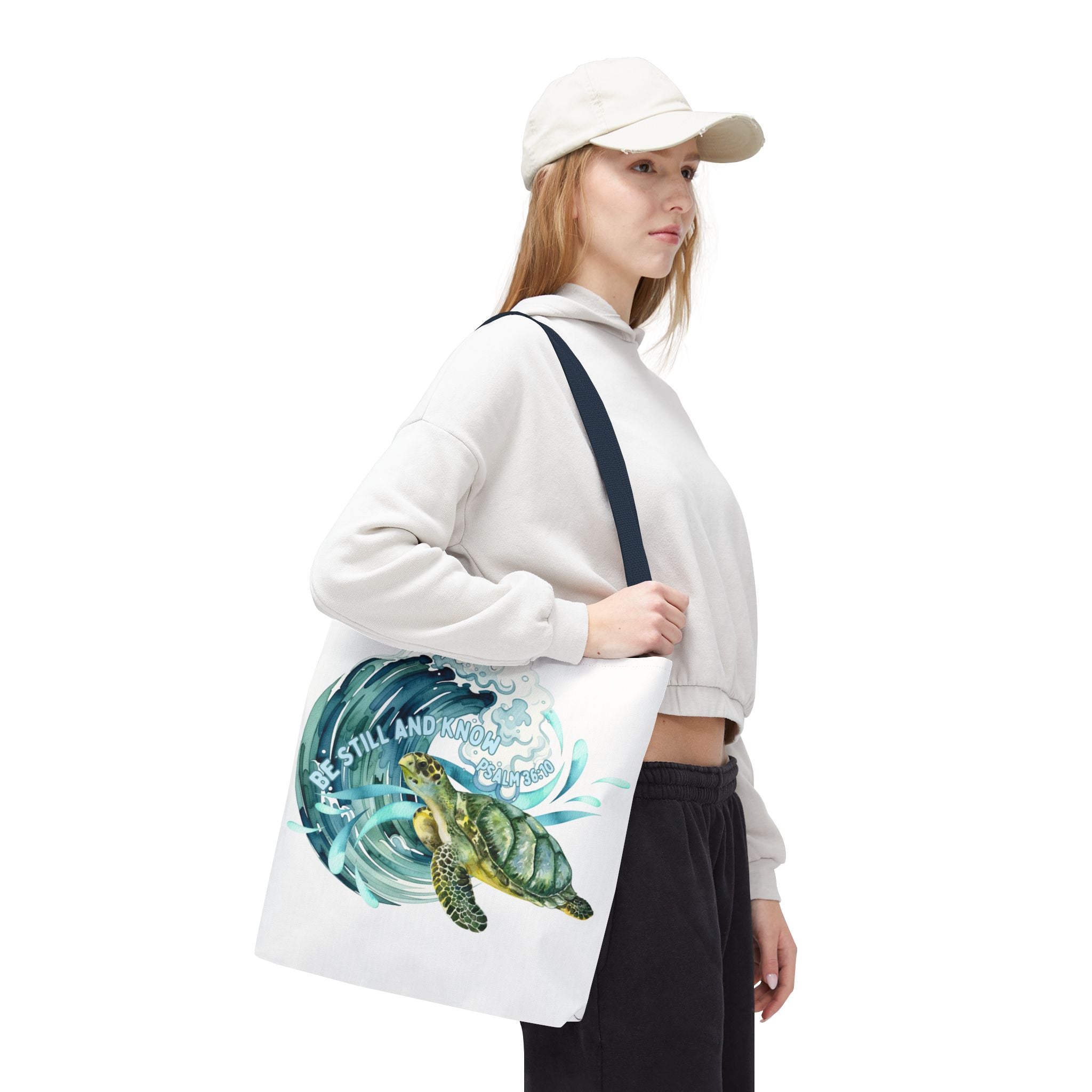 Sea Turtle Wave Tote Bag — "Be Still and Know" Ocean Eco Shopper