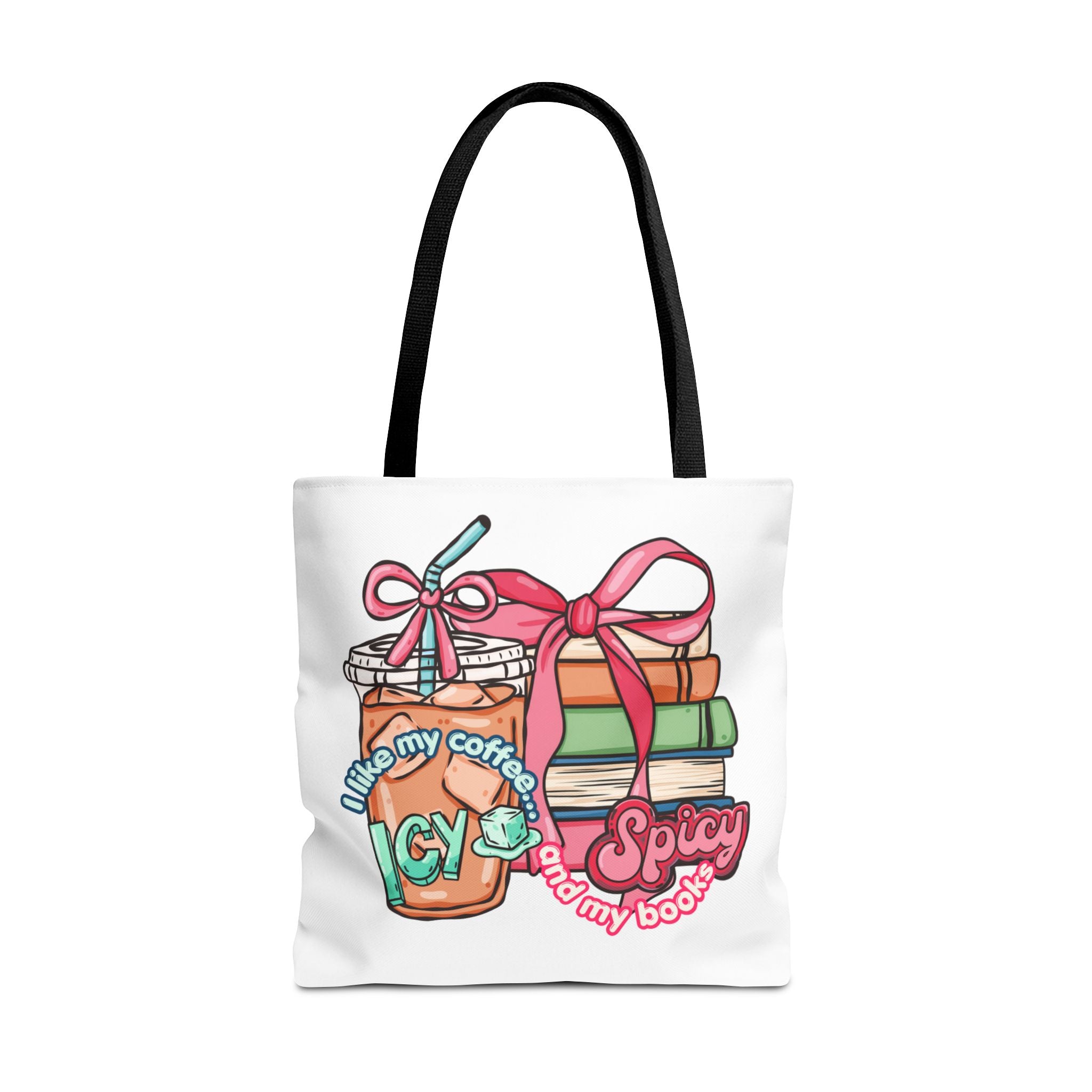 Book Lover Tote Bag — “I like my coffee icy and my books spicy” Illustrated Bookstack & Iced Coffee Design